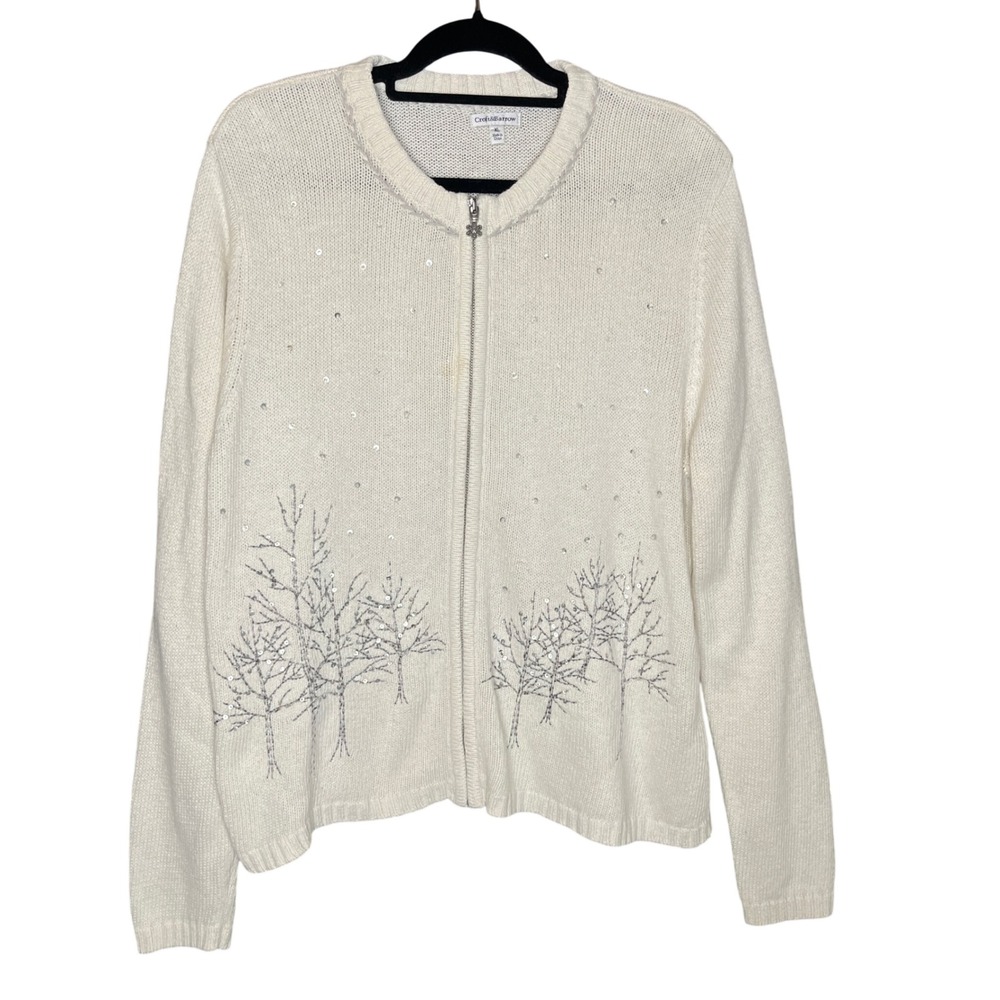 Croft Barrow Womens XL Cream Winter Tress Sequin Zip Up Cardigan Sweater Sparkle